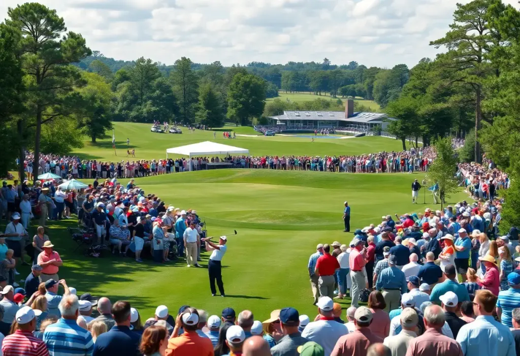 Golf tournament scene at Farmers Insurance Open featuring players and spectators.
