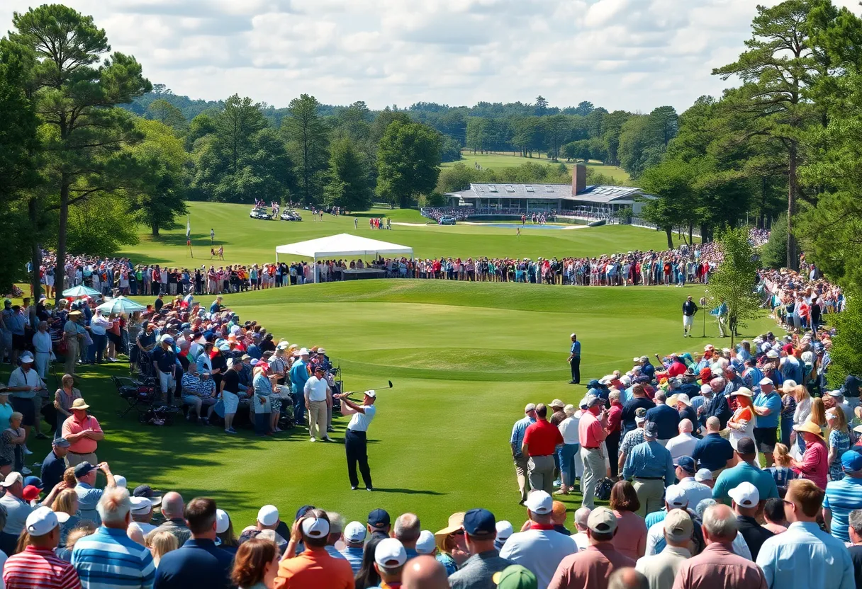 Golf tournament scene at Farmers Insurance Open featuring players and spectators.