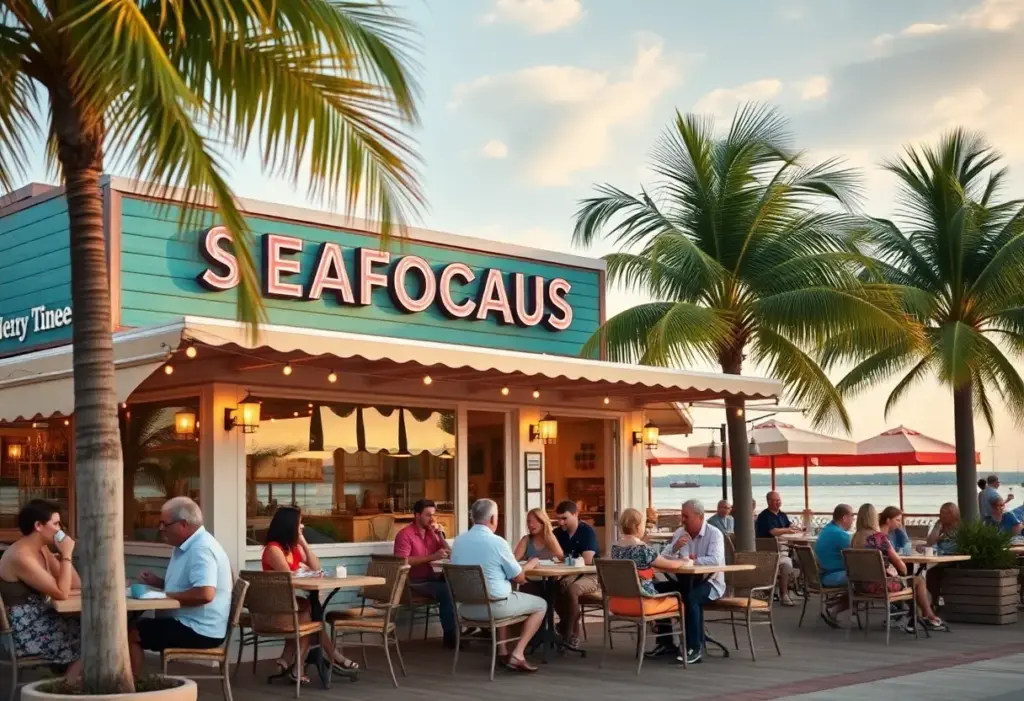 Exterior view of Fish Shop in Oceanside with diners enjoying seafood.