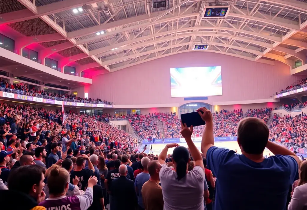 Crowd cheering at Frontwave Arena during a sports event