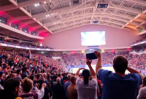 Crowd cheering at Frontwave Arena during a sports event