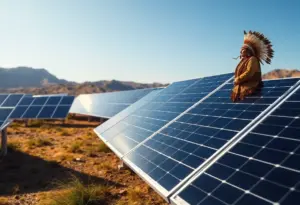 Image representing clean energy initiatives with solar panels and Native American cultural elements.