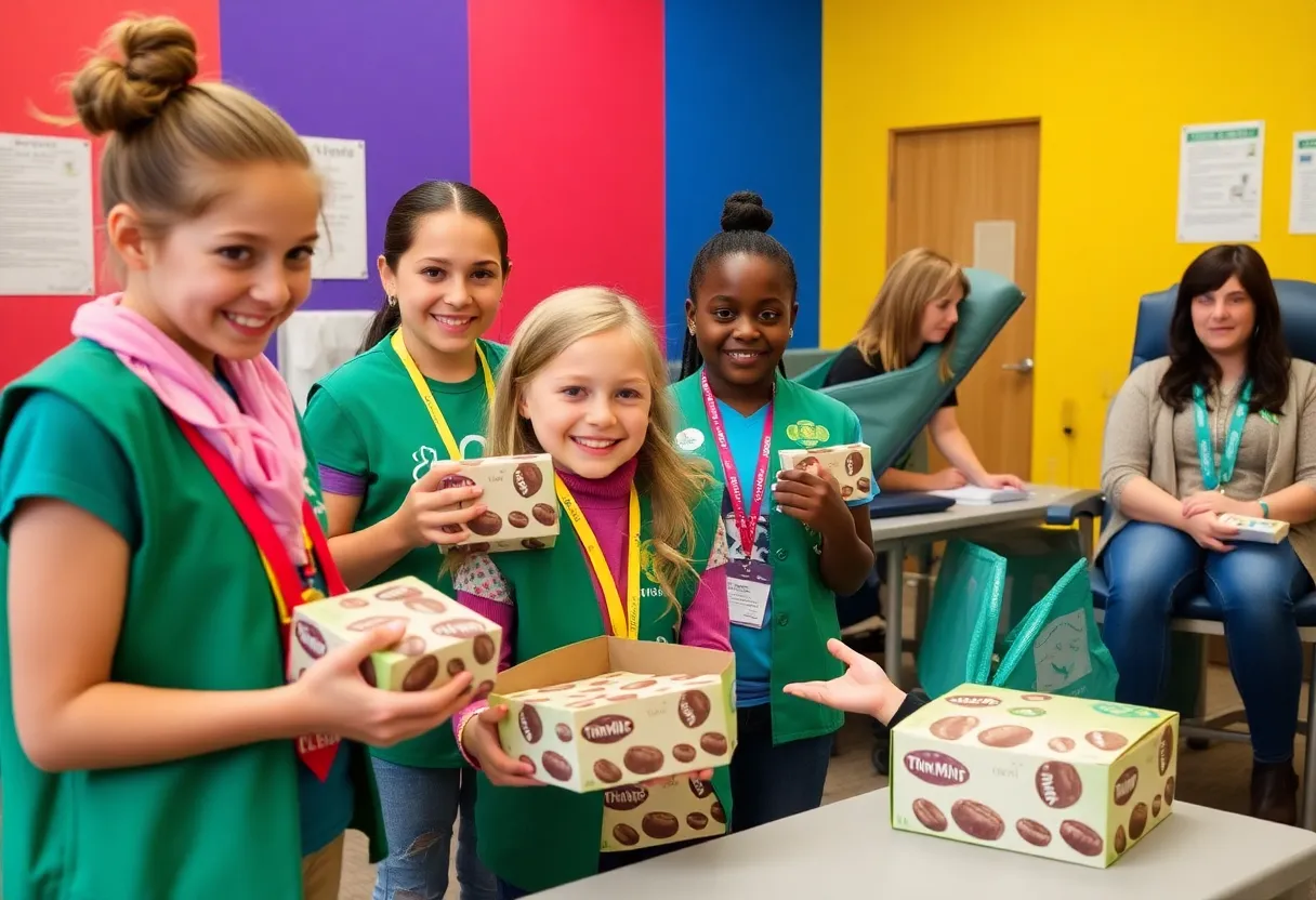 Girl Scouts presenting Thin Mints to blood donors at a blood donation event.
