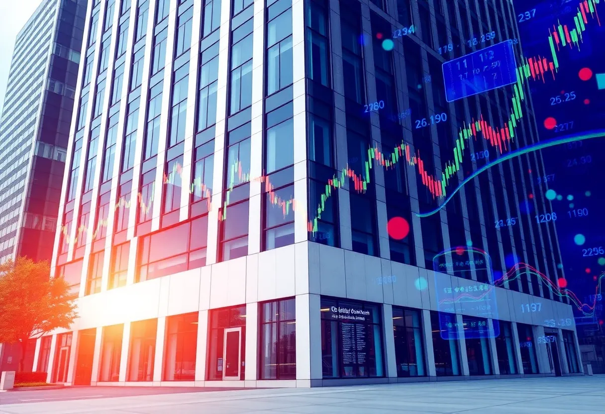 Corporate office building of Goldman Sachs with financial charts