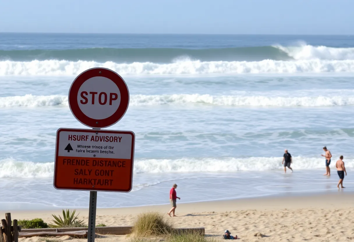 High surf waves crashing at a San Diego beach during an advisory