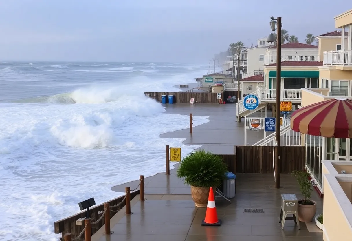High surf waves at San Diego beach during Coastal Flood Advisory