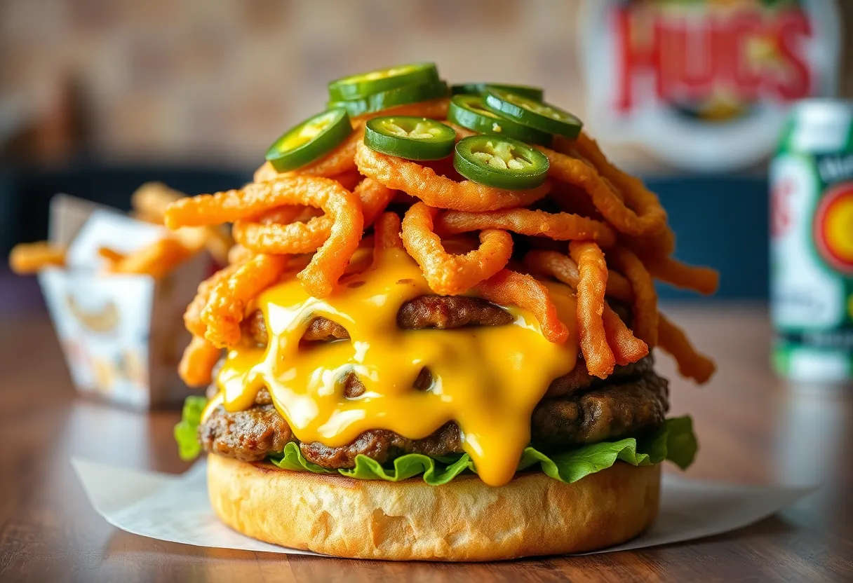 A delicious Hot Mess Burger featuring a beef patty, cheese sauce, jalapeños, and onion rings.