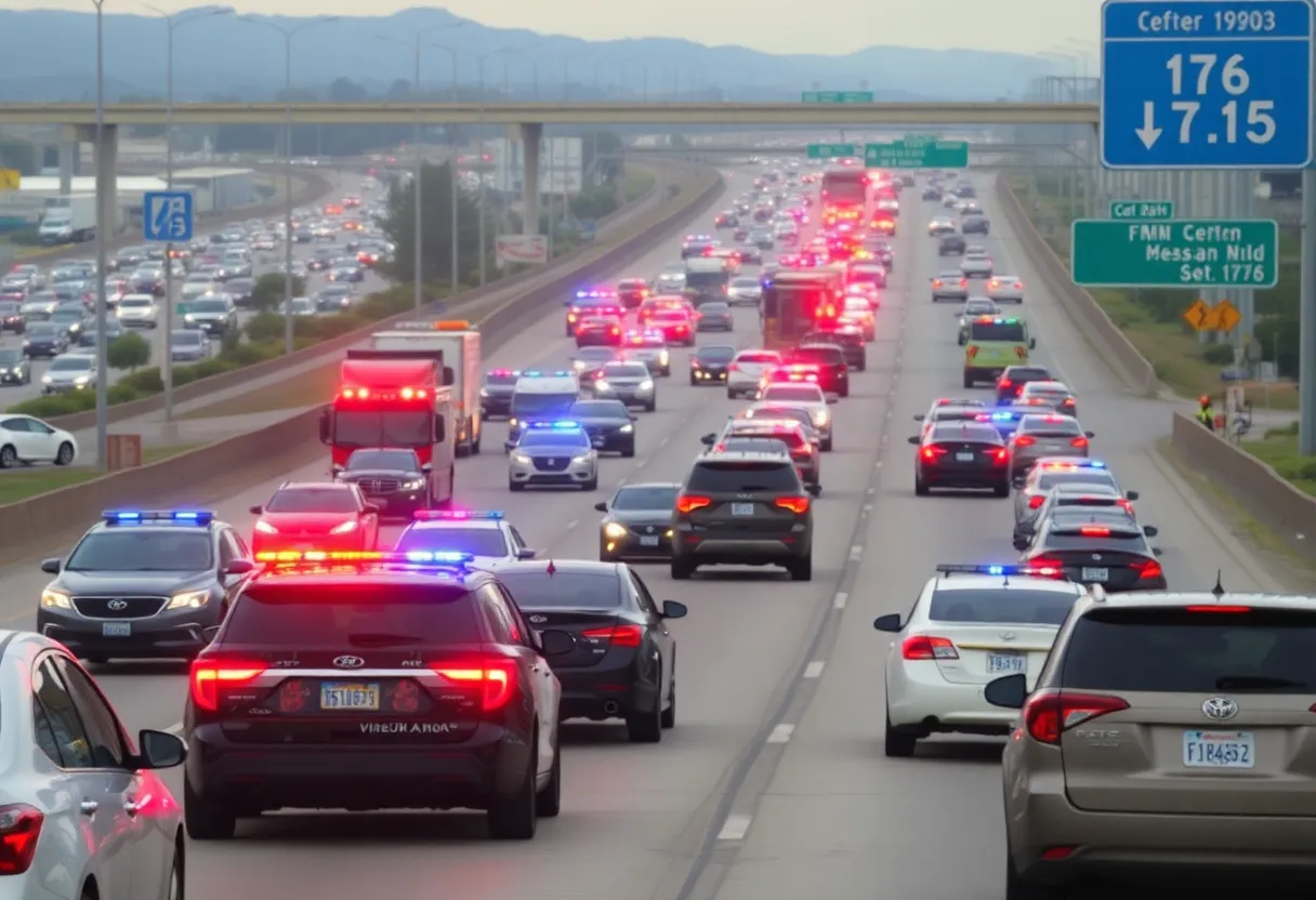Police cars and traffic congestion on I-15 near Miramar