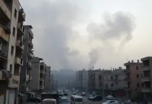 Destruction from Israeli airstrikes in Gaza with smoke and debris.