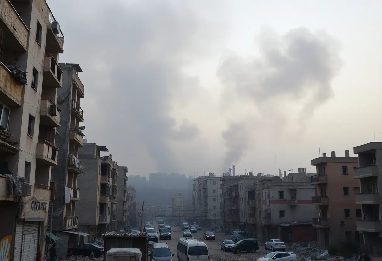 Destruction from Israeli airstrikes in Gaza with smoke and debris.
