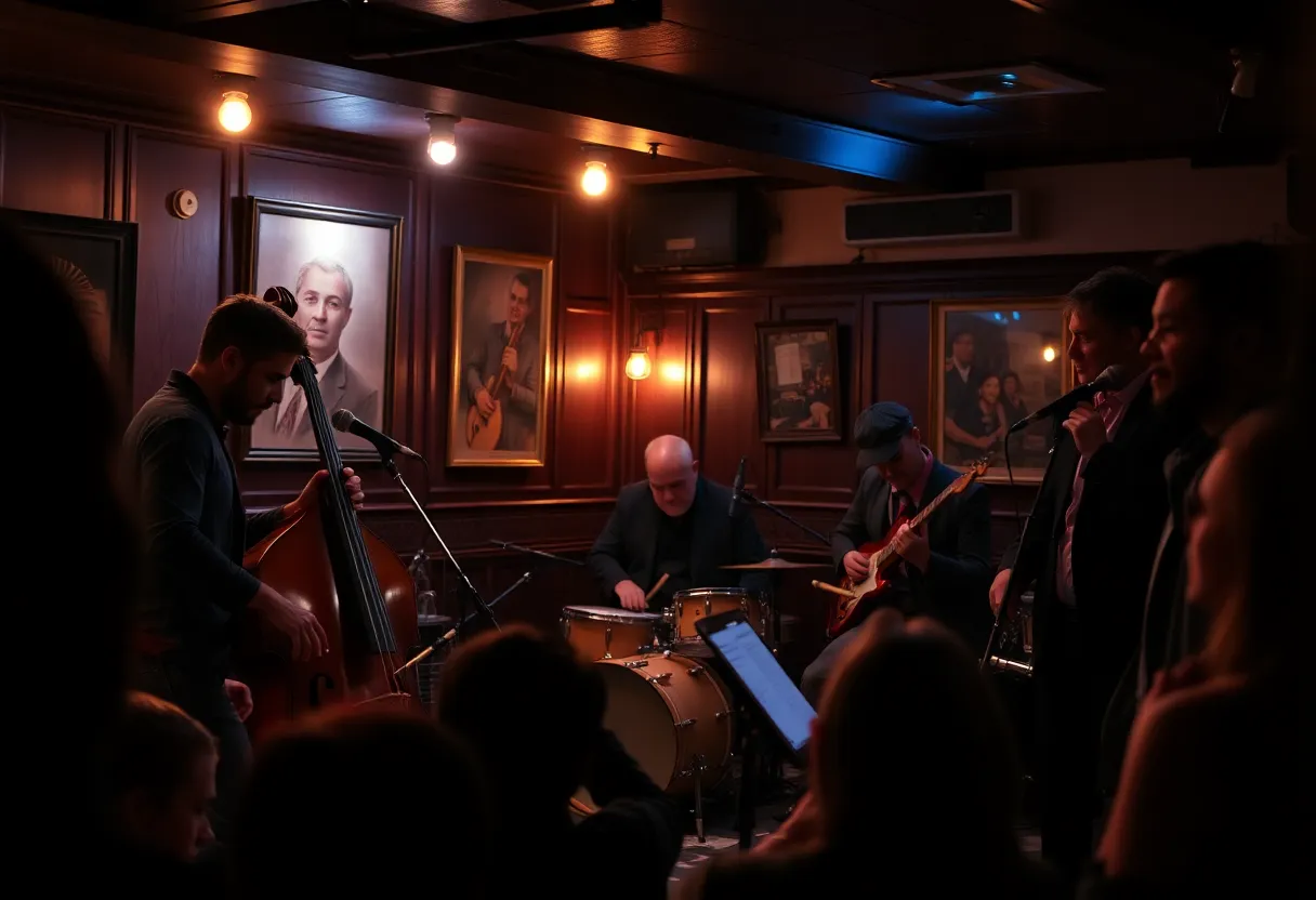 Musicians performing at a jazz concert tribute in an intimate setting.