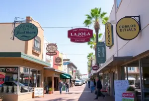 A bustling La Jolla street with local businesses and a new welcome sign.