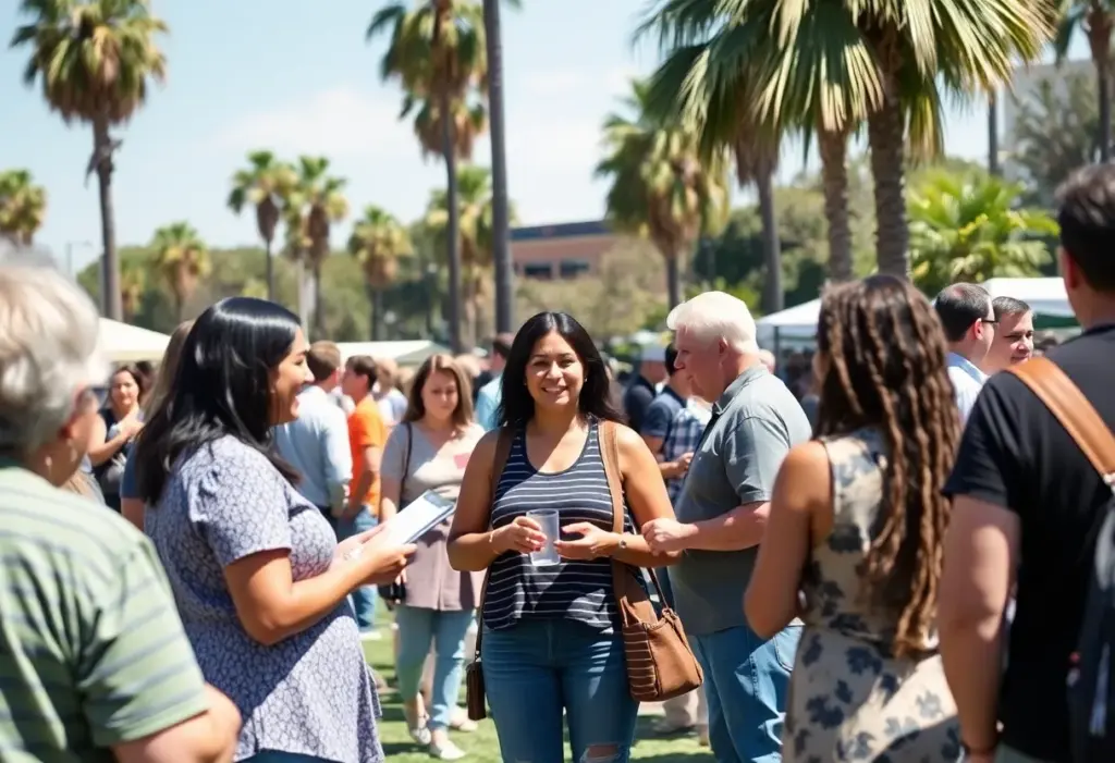 Community gathering in La Jolla with people engaging in conversation and activities