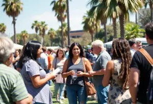 Community gathering in La Jolla with people engaging in conversation and activities