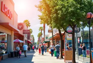 A bustling street in La Mesa showcasing various local businesses and community activity.