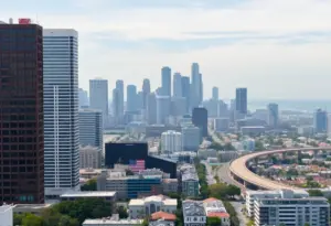 View of Los Angeles and Long Beach with a focus on real estate for sale signs