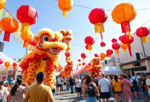 Celebration of Lunar New Year with colorful decorations and performances in San Diego