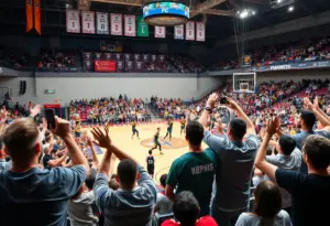 An intense moment from March Madness 2026 basketball tournament with fans and players