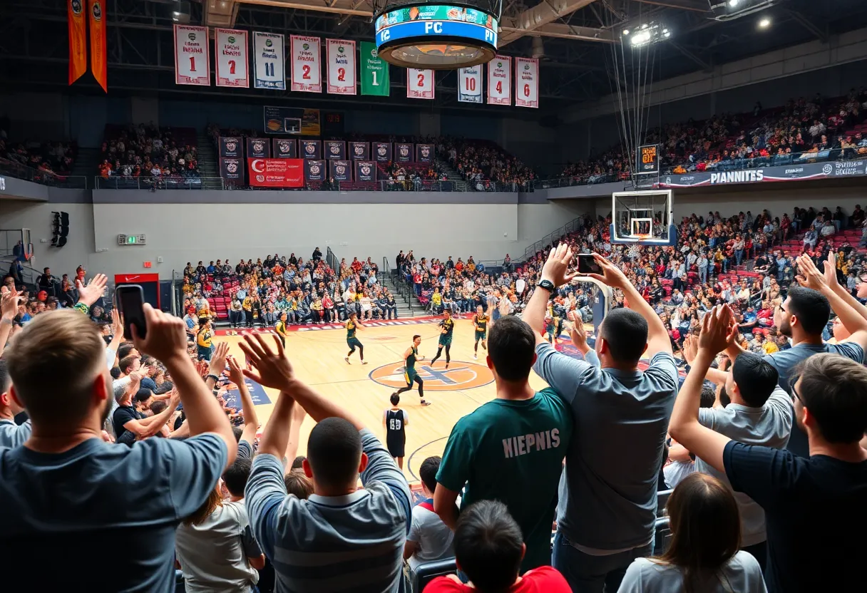 An intense moment from March Madness 2026 basketball tournament with fans and players