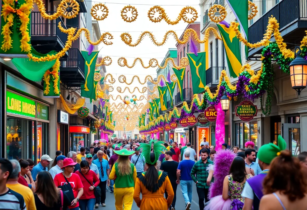 People celebrating Mardi Gras with vibrant costumes and decorations in San Diego's streets.