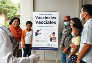 Public health awareness for measles vaccination featuring families and a healthcare provider.