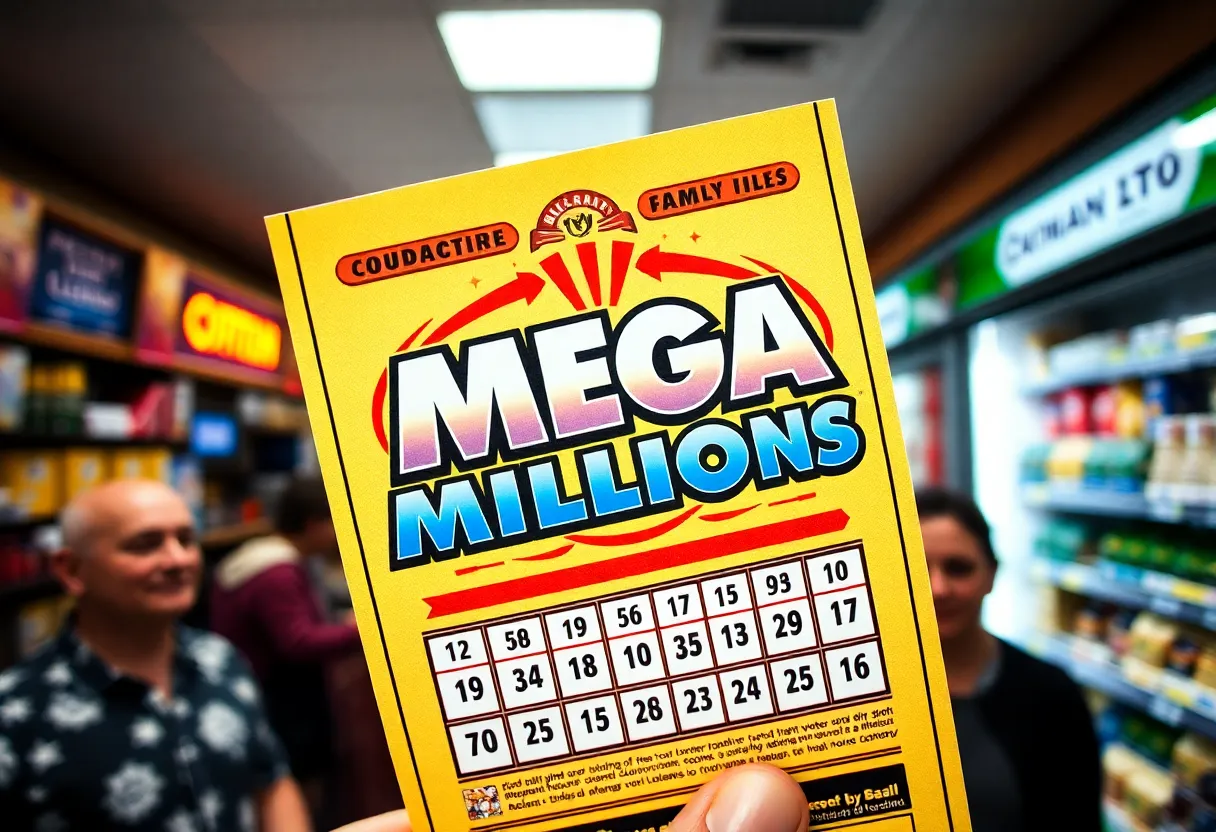 A Mega Millions lottery ticket with players looking hopeful