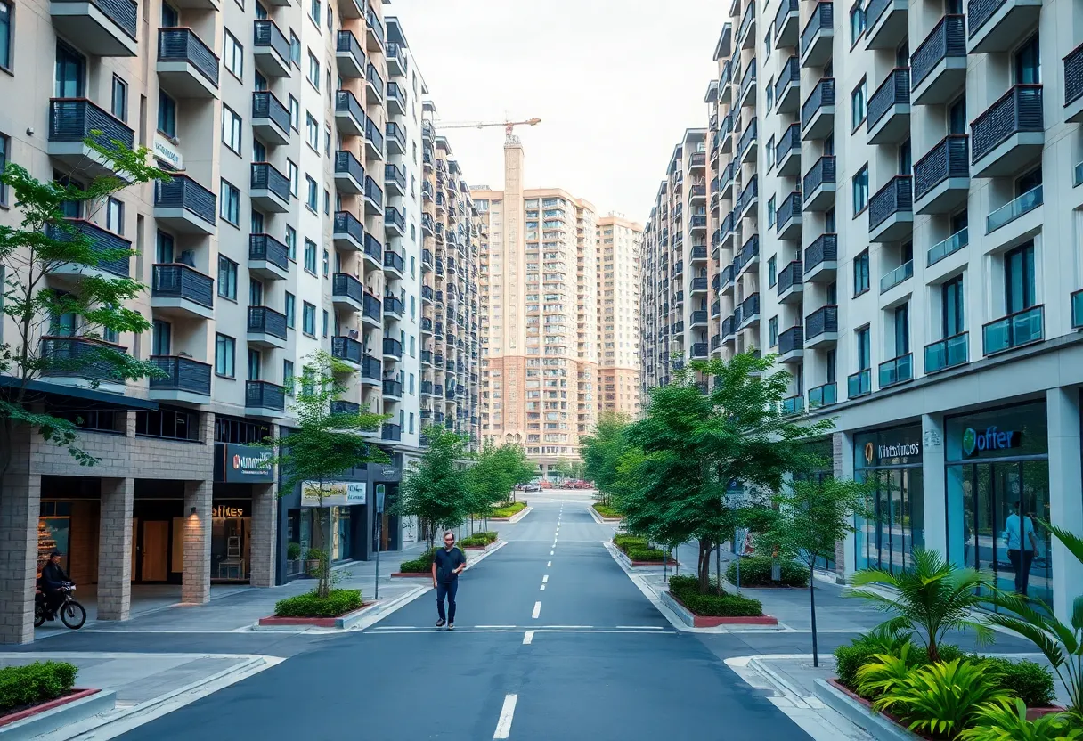 Mid-rise housing buildings with green space and commercial areas in San Diego