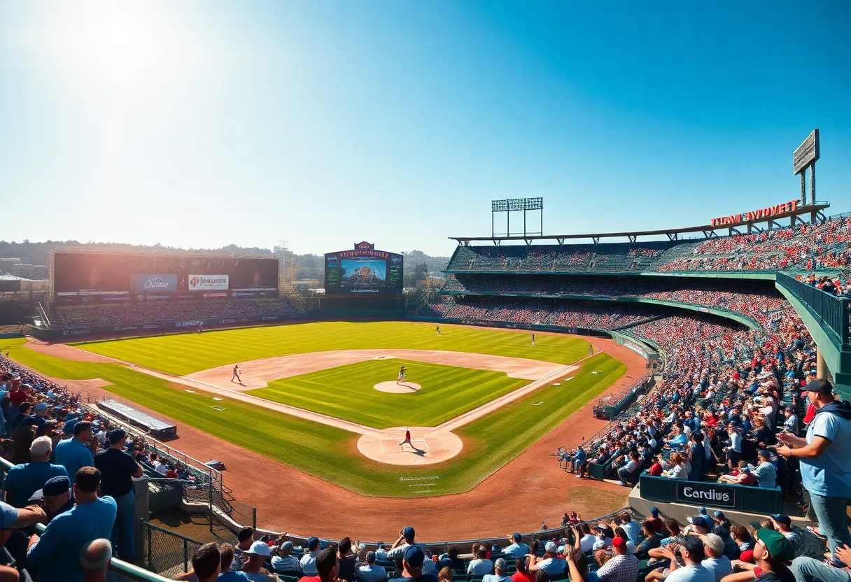 Baseball players training on the field with fans in the background