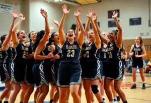 Palomar College women's basketball team celebrating their victory on the court