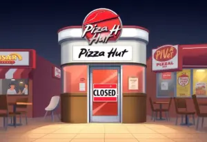Closed Pizza Hut restaurant with a sign indicating its closure.