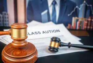 Gavel with legal documents symbolizing a class action lawsuit.