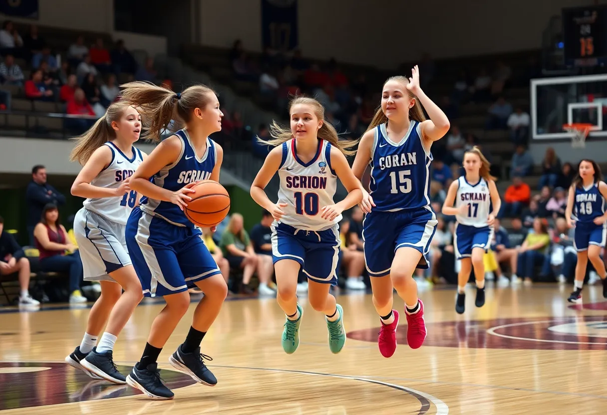 High school girls basketball team from Point Loma in action during a game.