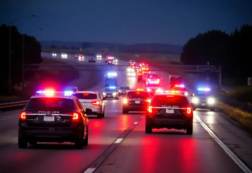 Police vehicles at a standoff on Interstate 15
