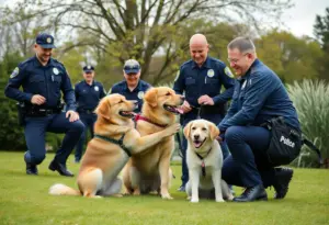 San Diego police officers with therapy dogs providing emotional support.