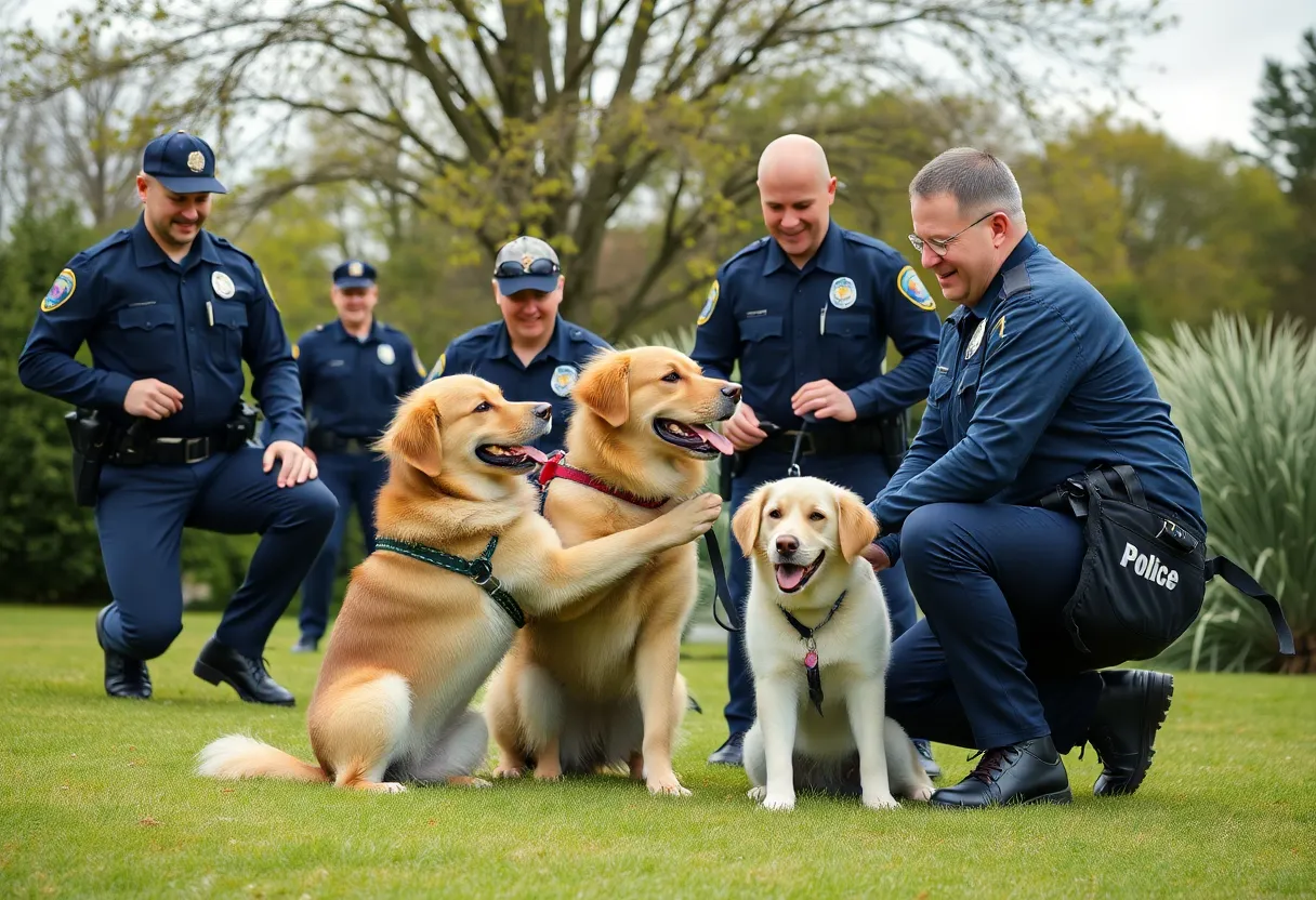 San Diego police officers with therapy dogs providing emotional support.