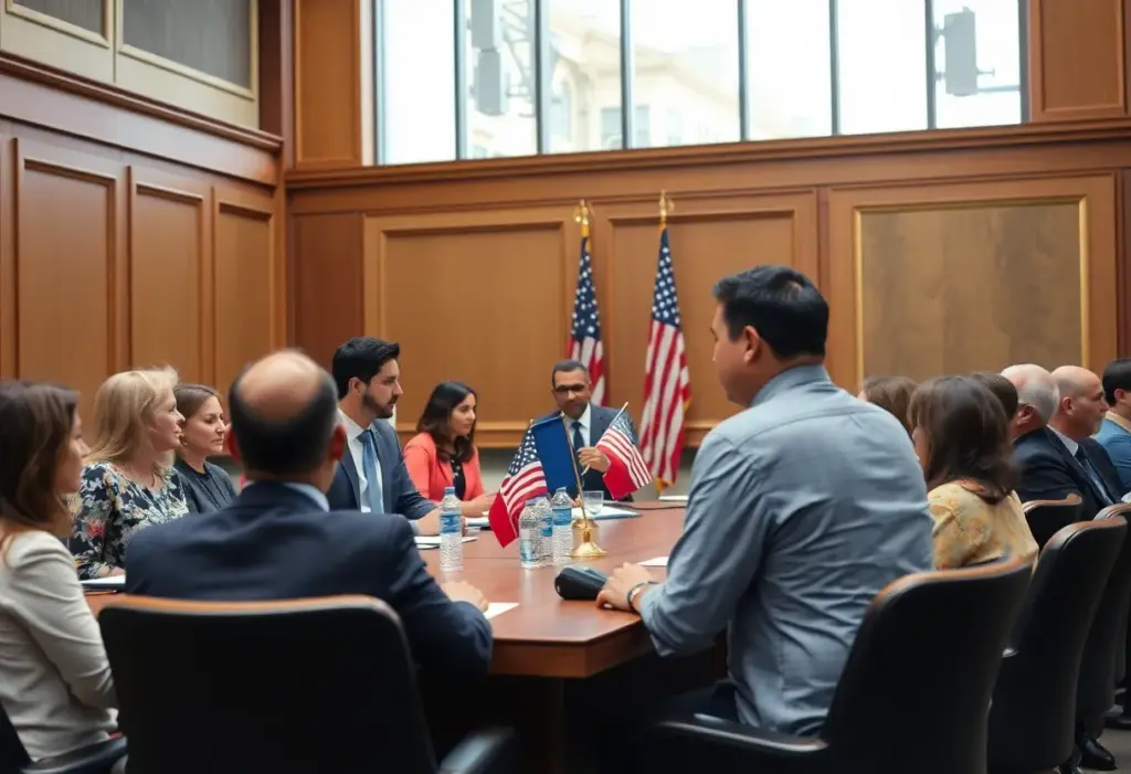 Illustration of diverse city council members discussing political change