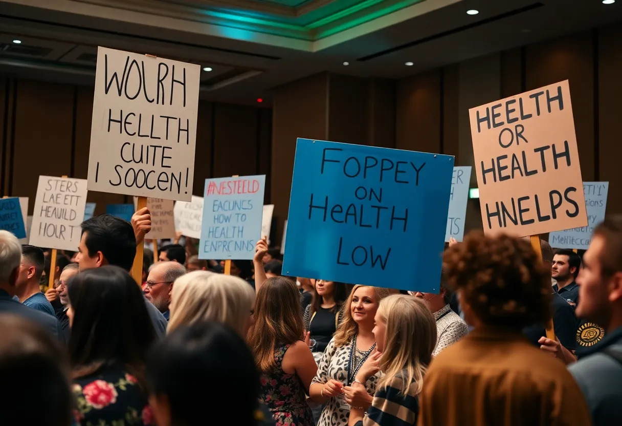 Crowd of protesters with banners at the gala event