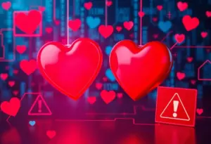 Digital illustration of romance scams with warning signs