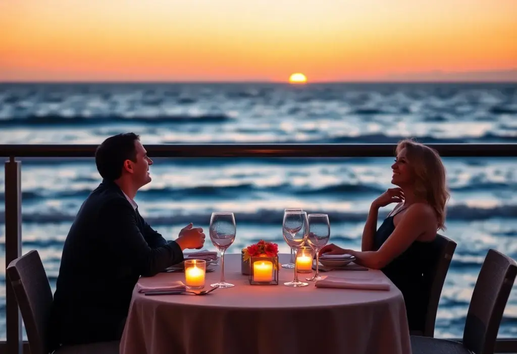 A beautifully set table for a romantic dinner overlooking the San Diego coastline during sunset.
