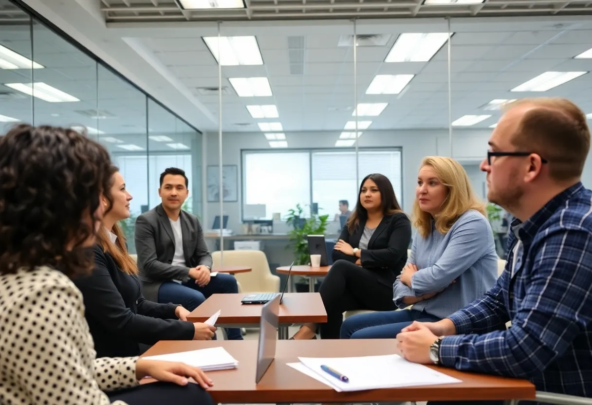 A diverse group of small business owners in San Diego attending a training session on workplace rights.