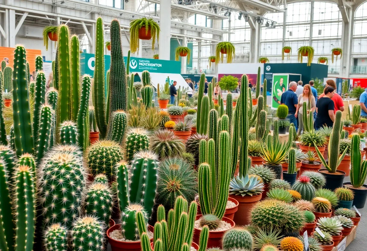 A display of various cacti and succulents at the San Diego Winter Show.