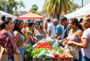 Community members engaging at the San Carlos Farmers Market in San Diego.
