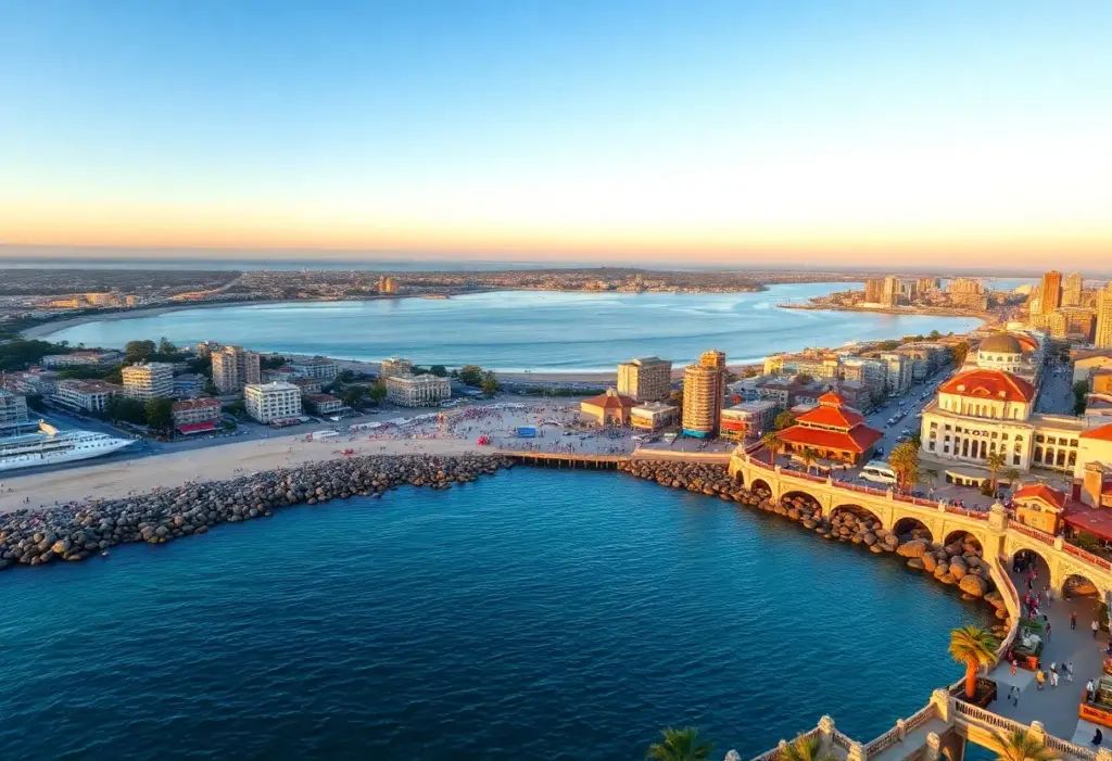 Panoramic view of San Diego's coastline showcasing cultural attractions.