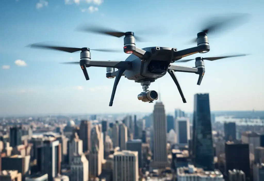 A military drone flying over San Diego skyline