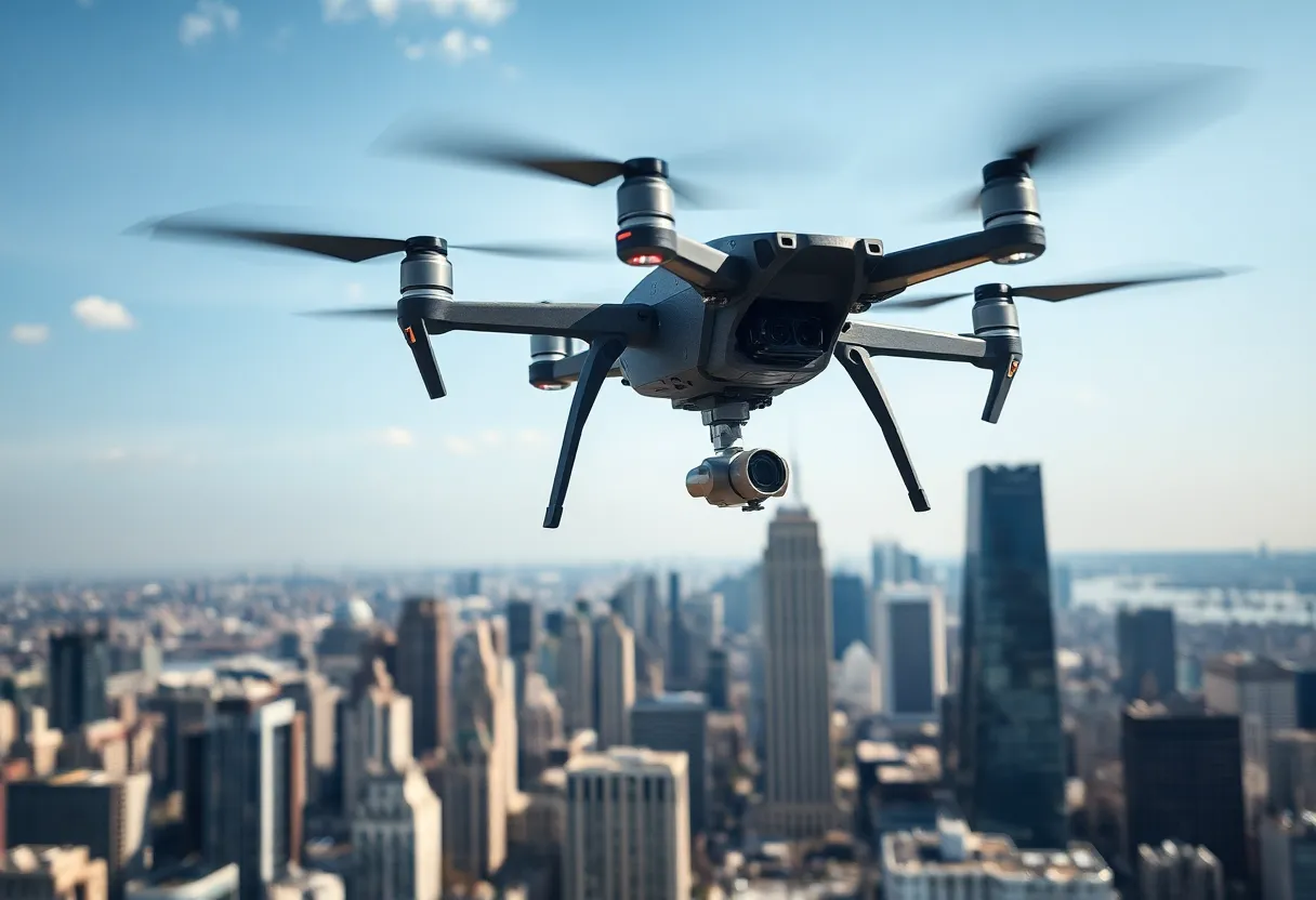 A military drone flying over San Diego skyline