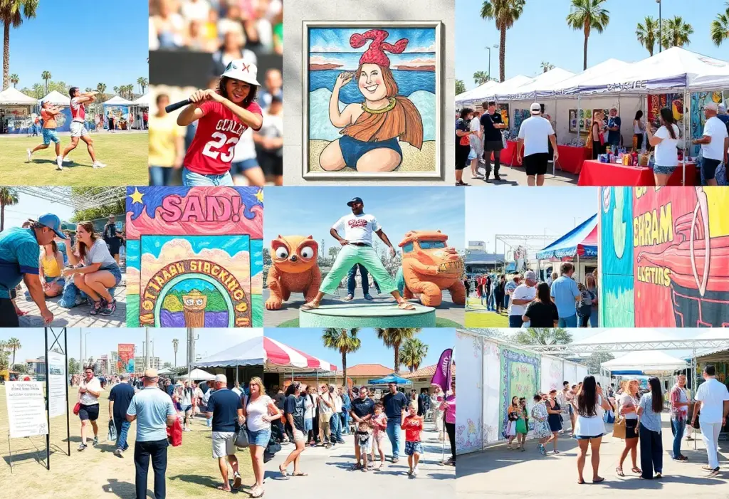 Collage of various San Diego events including sports, arts, and family activities.