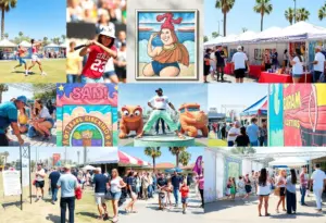Collage of various San Diego events including sports, arts, and family activities.