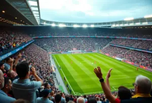 Soccer fans celebrating San Diego FC's playoff victory at Snapdragon Stadium.