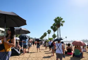 Crowd enjoying the sunny weather in San Diego during a heat wave.