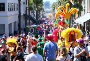 Crowd celebrating Mardi Gras in San Diego with costumes and floats.